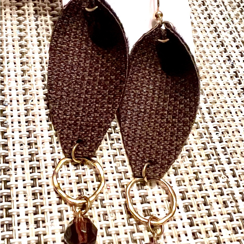 New Vegan Leather Hand Crafted Brown and Gold Leaf Dangling Earrings.